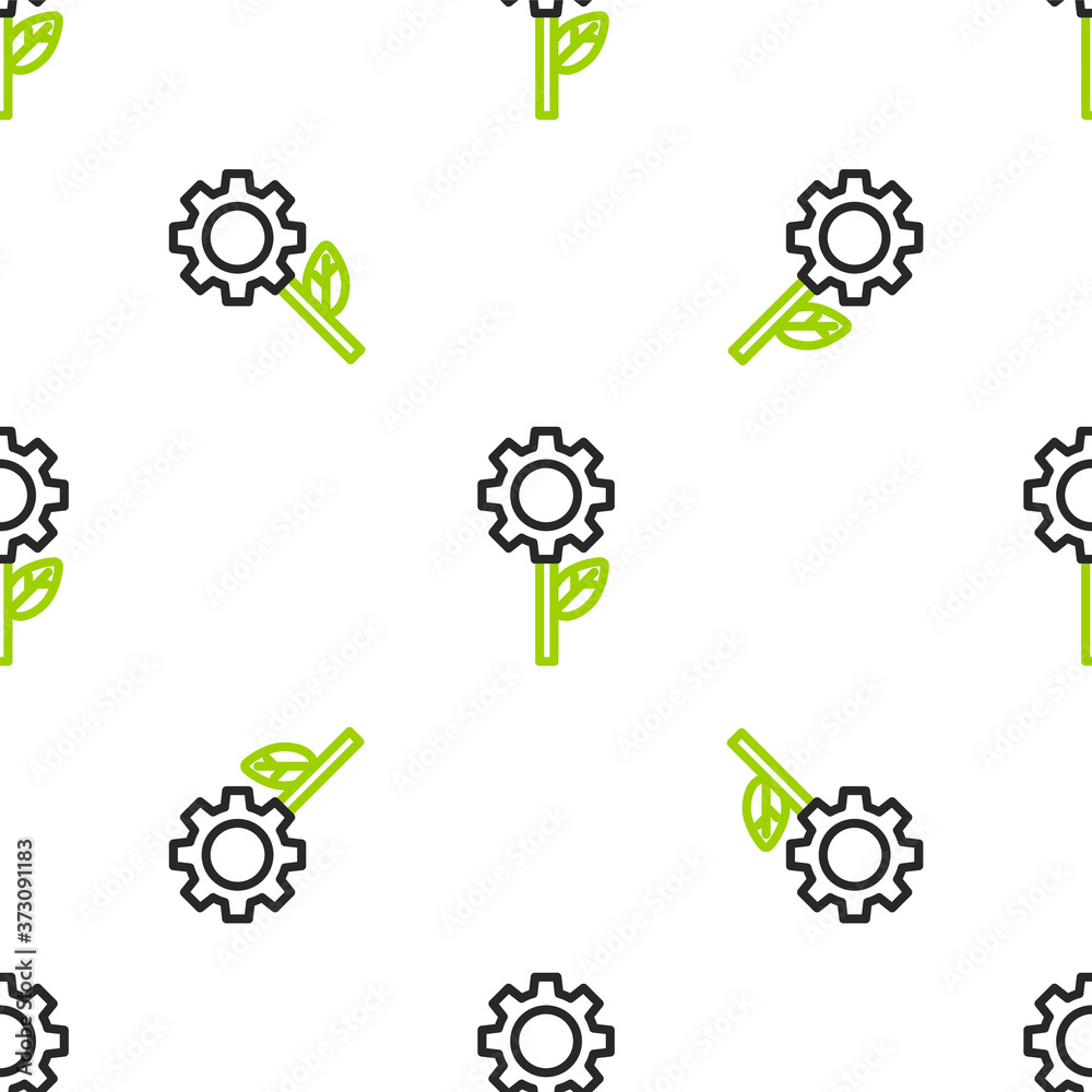 Line Leaf plant ecological in gear machine icon isolated无缝图案，白色背景。Eco frie