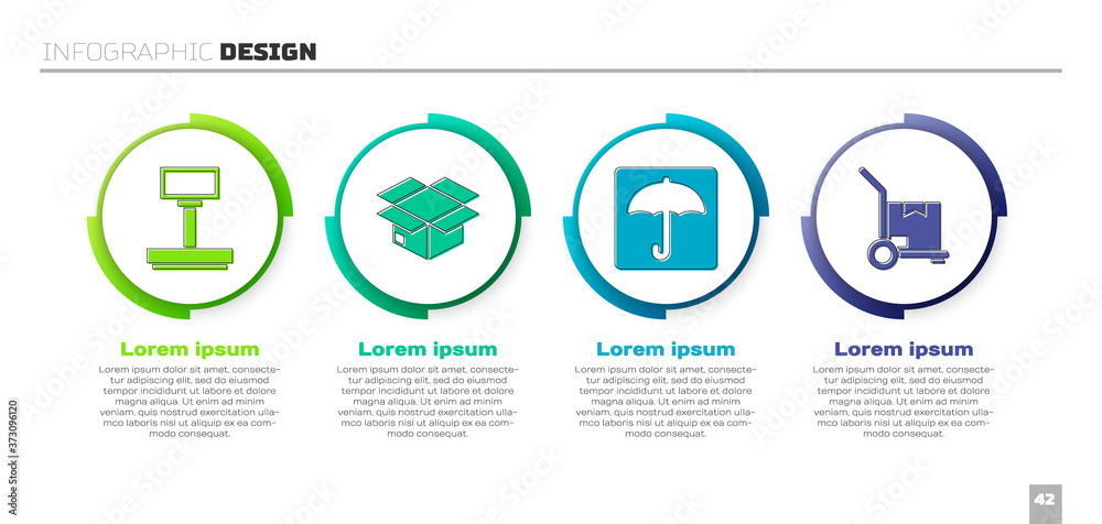 设置磅秤、纸箱、雨伞和手推车以及箱子。商业信息图模板.V