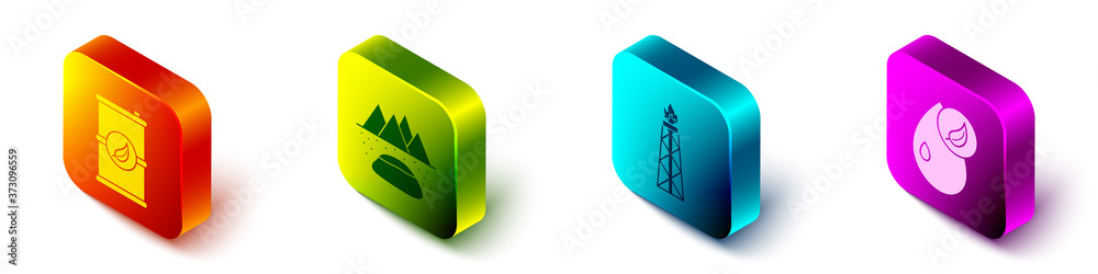 Set Isometric Bio fuel barrel, Oilfield, Oil rig with fire and Bio fuel icon. Vector.