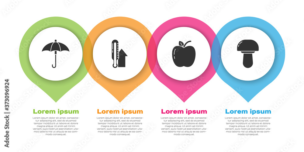 设置雨伞、气象温度计、苹果和蘑菇。商业信息图模板。矢量。