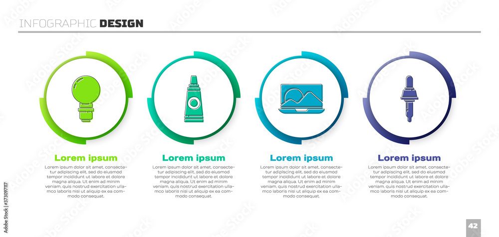 设置灯泡、带调色板的灯管、笔记本电脑和吸管。商业信息图模板。矢量。