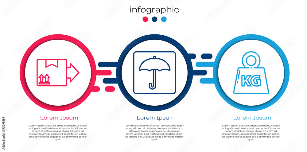 设置线路纸板箱，带有交通标志、雨伞和重量。商业信息图模板。Vect