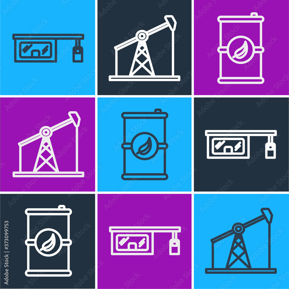 Set line Gas filling station, Bio fuel barrel and Oil pump or pump jack icon. Vector.