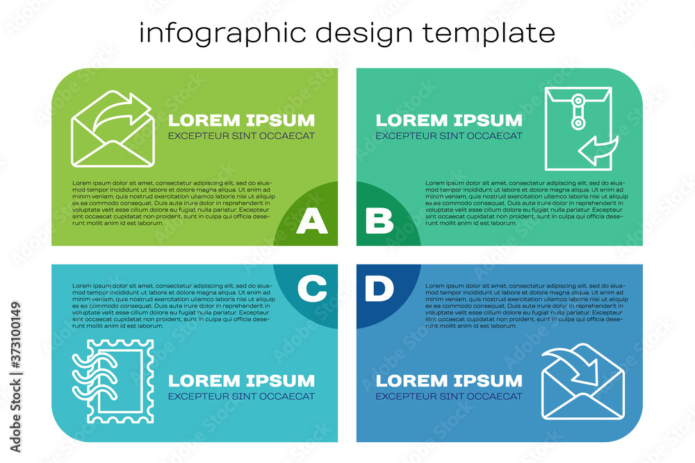 设置行邮政戳，发送邮件，信封和信封。商业信息图模板。矢量。