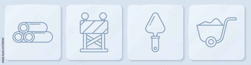 Set line Industry metallic pipe，Trowel，Road barrier and Shovel。白色方形按钮。Vector。