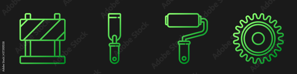 Set line Paint roller brush, Road barrier, Rasp metal file and Circular saw blade. Gradient color ic