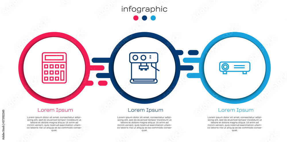 设置线计算器，咖啡机和电影，电影，媒体投影仪。商业信息图模板。
