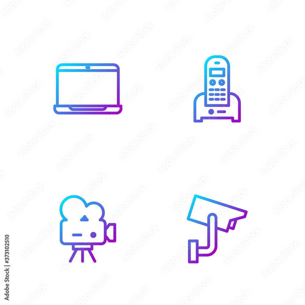 Set line Security camera, Retro cinema, Laptop and Telephone. Gradient color icons. Vector.