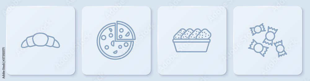 定线羊角面包，盒装鸡块，披萨和糖果。白色方形按钮。矢量。