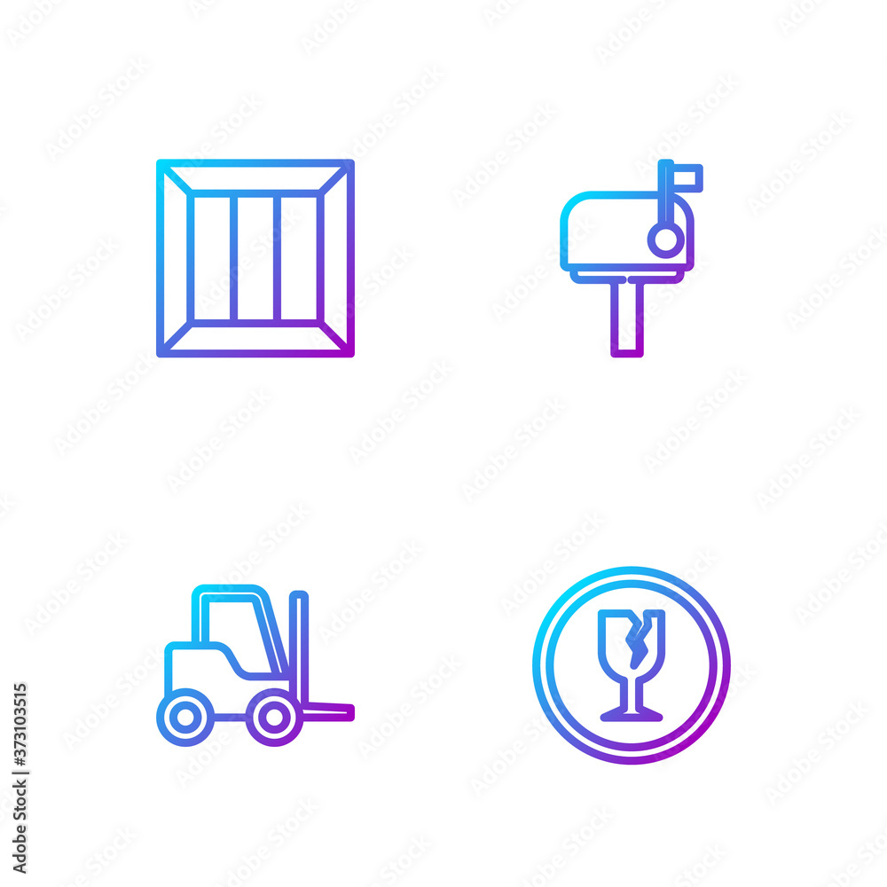 Set line Fragile broken glass, Forklift truck, Wooden box and Mail. Gradient color icons. Vector.