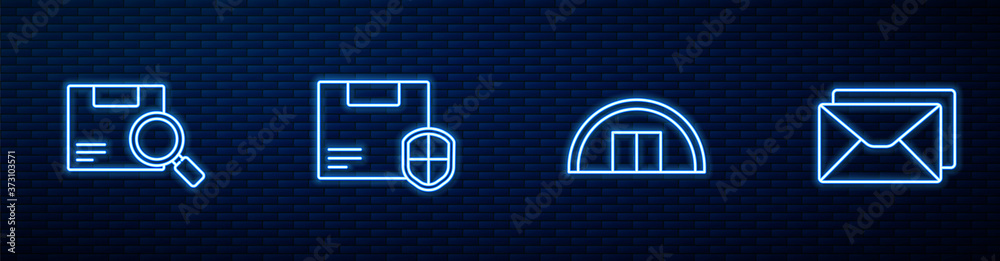 Set line Warehouse, Search package, Delivery security with shield and Envelope. Glowing neon icon on