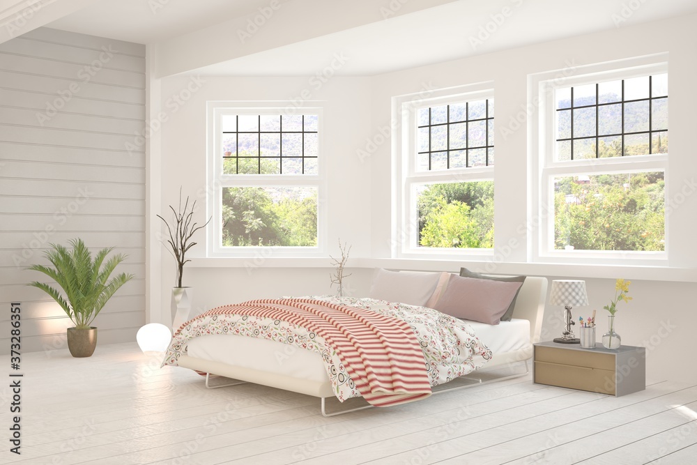 Stylish bedroom in white color with summer landscape in window. Scandinavian interior design. 3D ill