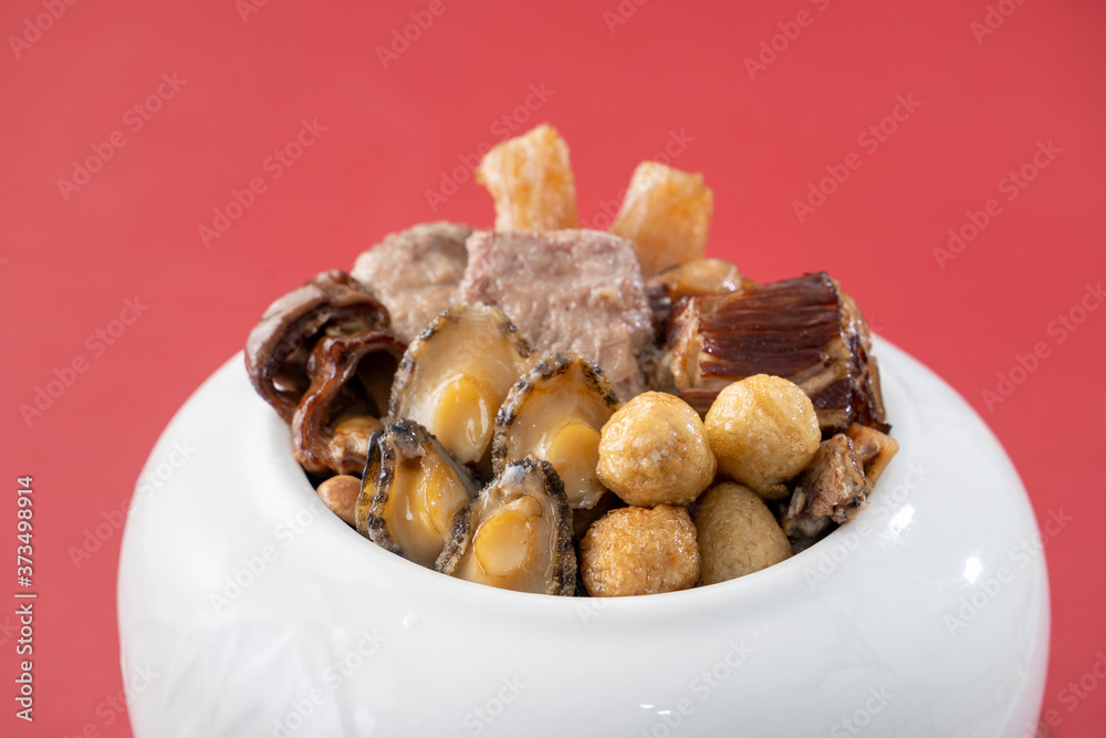 Traditional food of Chinese lunar new year, Buddha jumps over the wall, Chinese Soup Casserole dish,