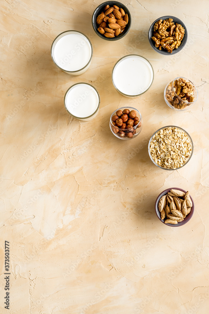 Top view of non-dairy lactose free milk with nuts