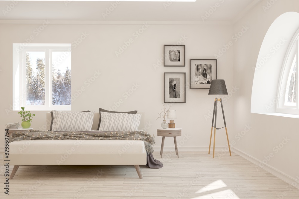 White stylish minimalist bedroom with winter landscape in window. Scandinavian interior design. 3D i