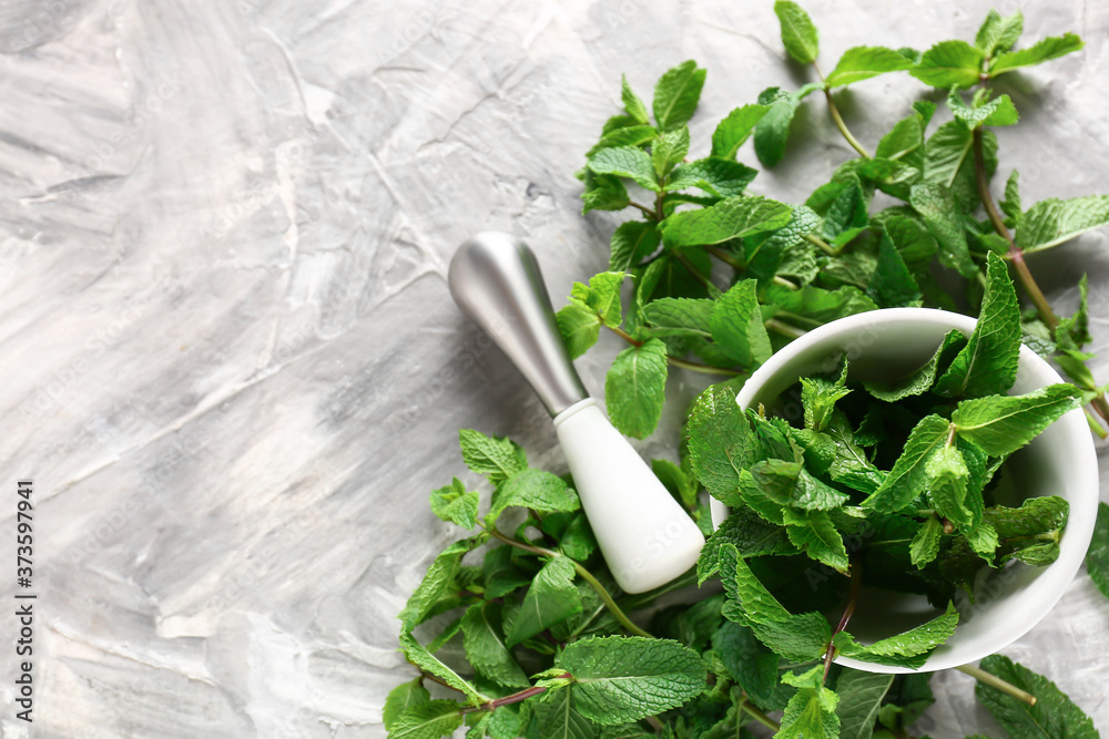 Mortar with mint and pestle on light background