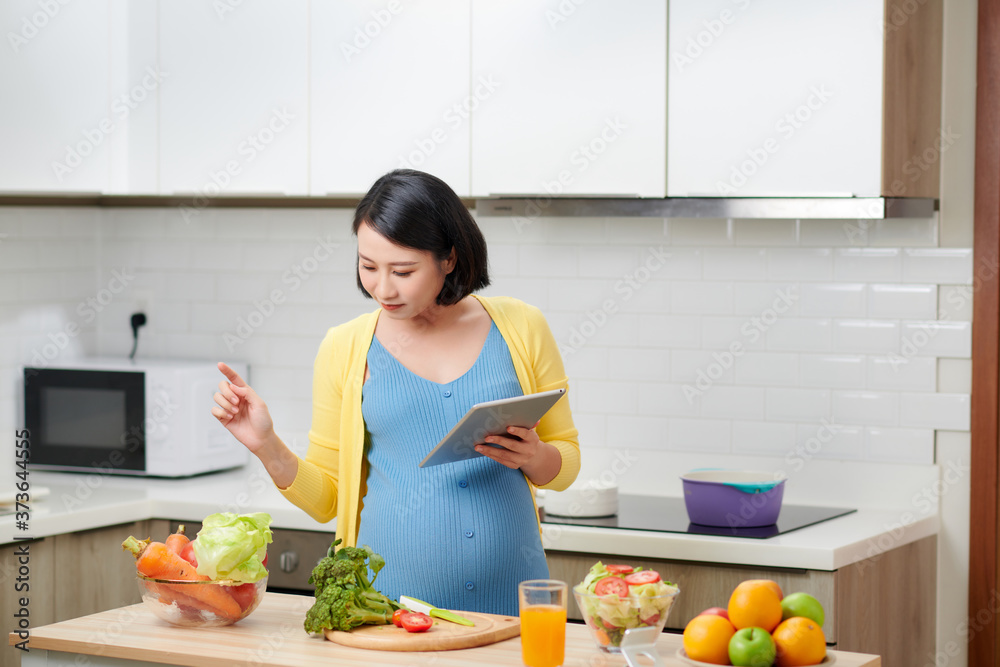 Pregnant woman preparing healthy meal and searching vegan recipes via portable computer indoors.