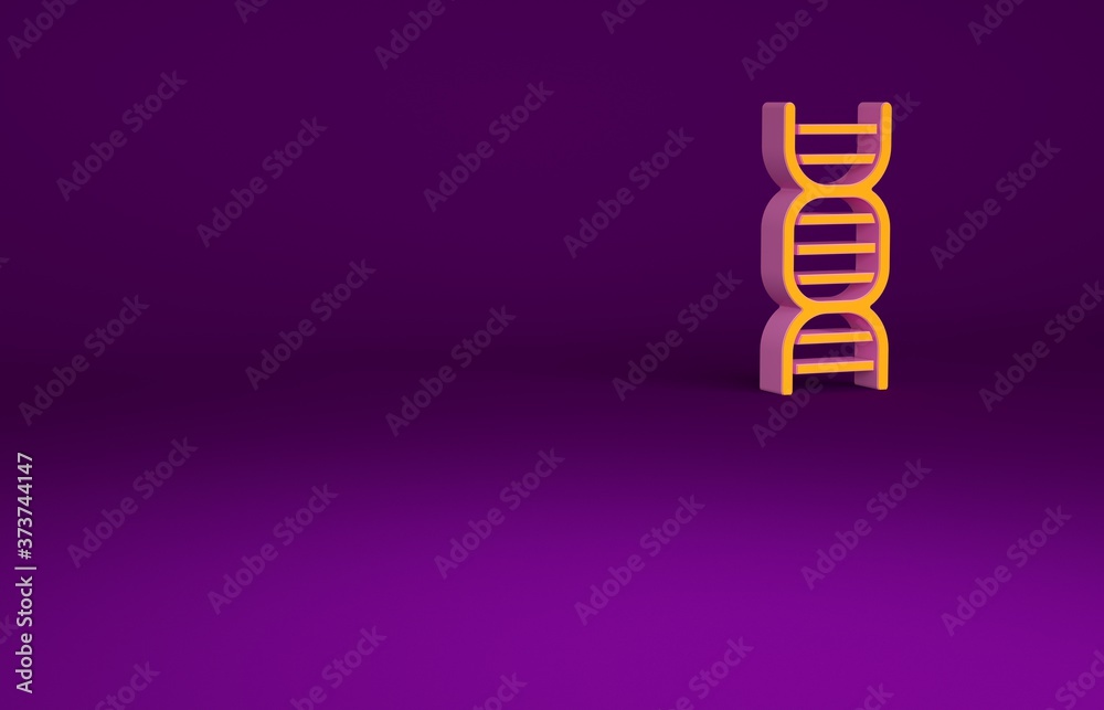 Orange DNA symbol icon isolated on purple background. Minimalism concept. 3d illustration 3D render.