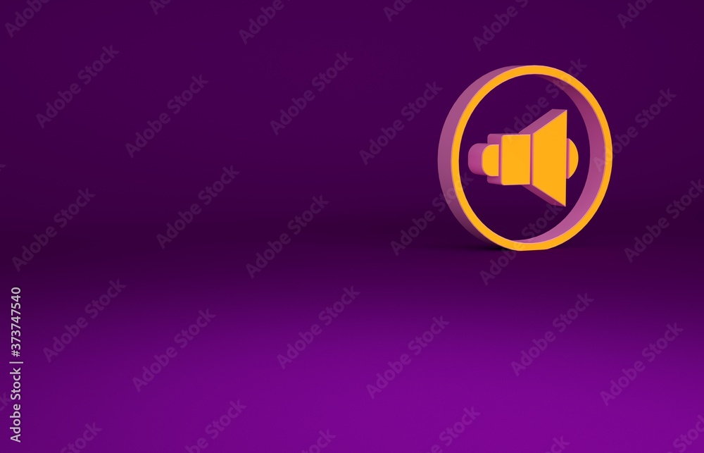 Orange Speaker volume, audio voice sound symbol, media music icon isolated on purple background. Min