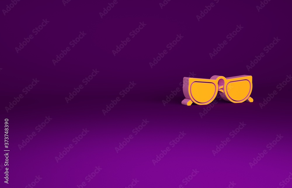 Orange Glasses icon isolated on purple background. Eyeglass frame symbol. Minimalism concept. 3d ill