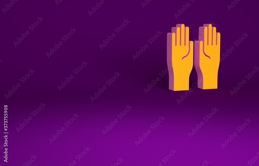 Orange Rubber gloves icon isolated on purple background. Latex hand protection sign. Housework clean