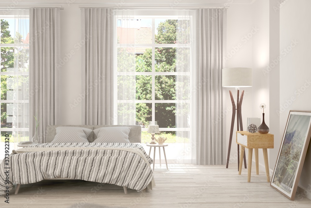 Stylish bedroom in white color with summer landscape in window. Scandinavian interior design. 3D ill