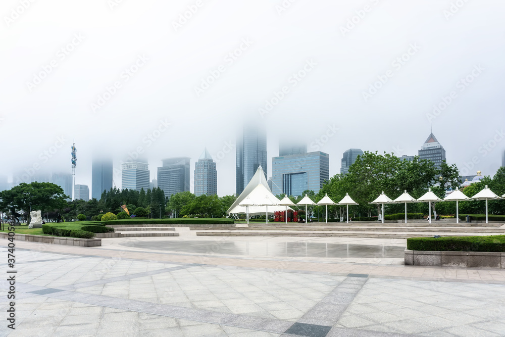 Urban architecture landscape in the fog in Qingdao, China