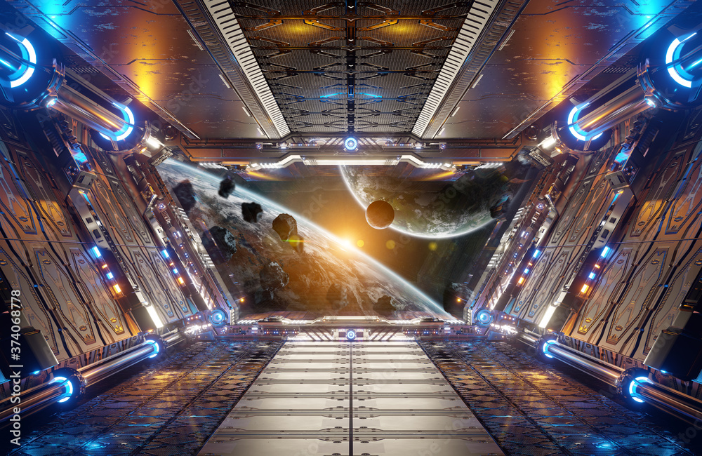 Orange and blue futuristic spaceship interior with window view on distant planets system 3d renderin