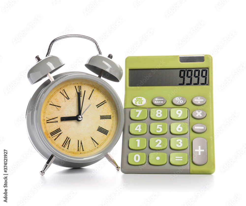 Alarm clock with calculator on white background