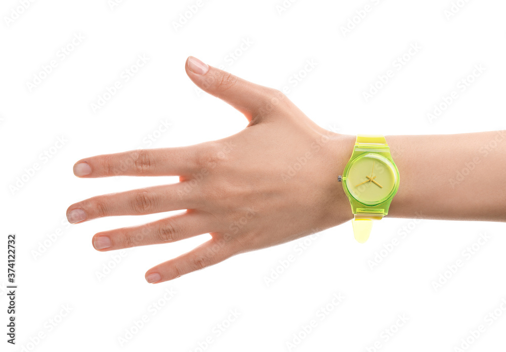 Female hand with stylish wrist watch on white background