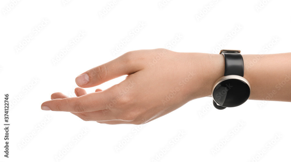 Female hand with stylish wrist watch on white background