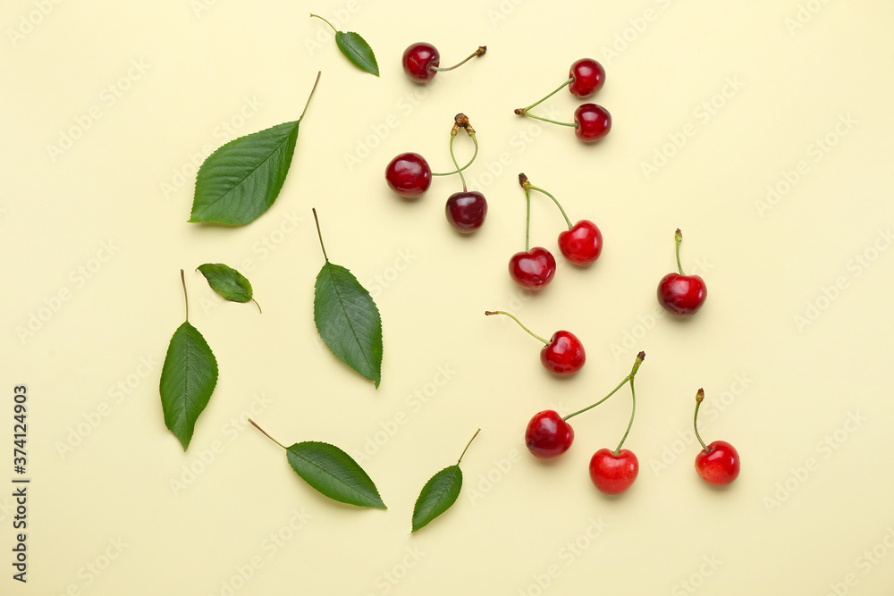 Ripe sweet cherry on color background