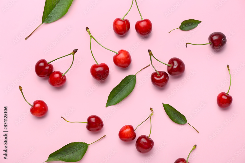 Ripe sweet cherry on color background