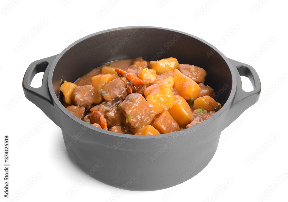 Pot with tasty beef stew on white background