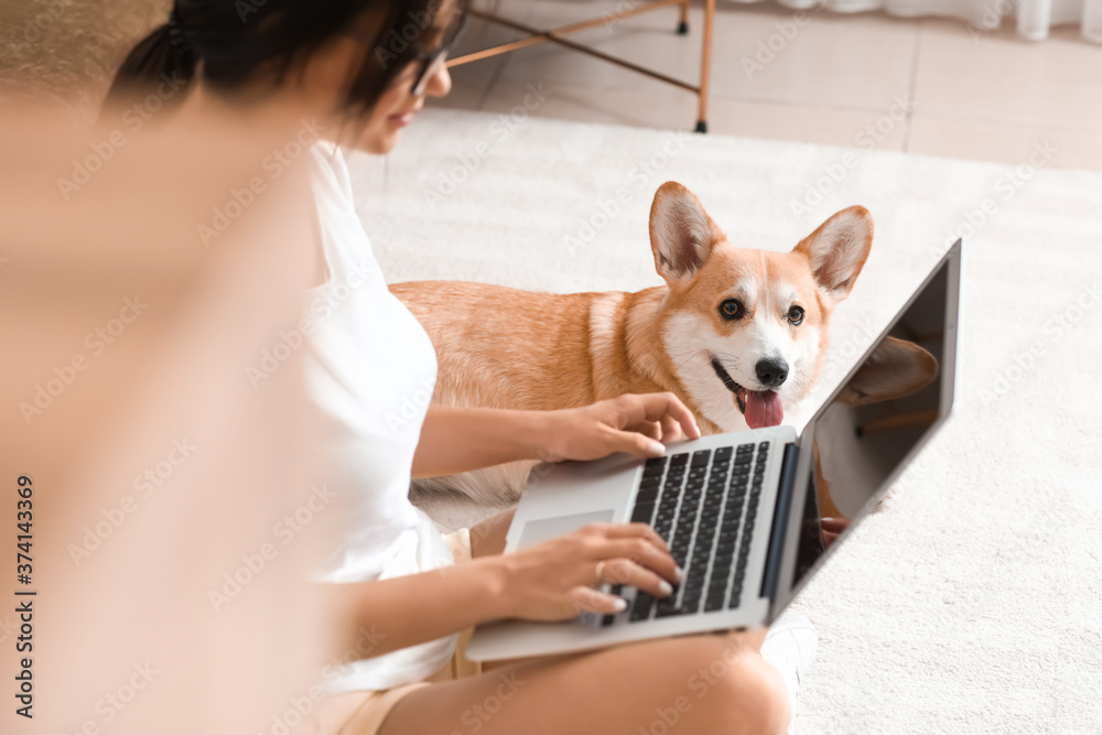 家里养着可爱柯基犬的女人