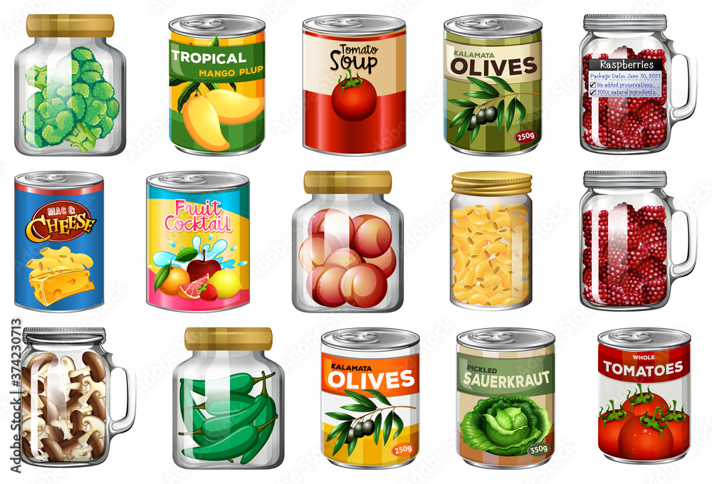 Set of different canned food and food in jars isolated