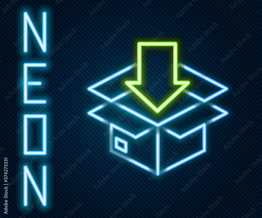 Glowing neon line Cardboard box with traffic symbol icon isolated on black background. Box, package,