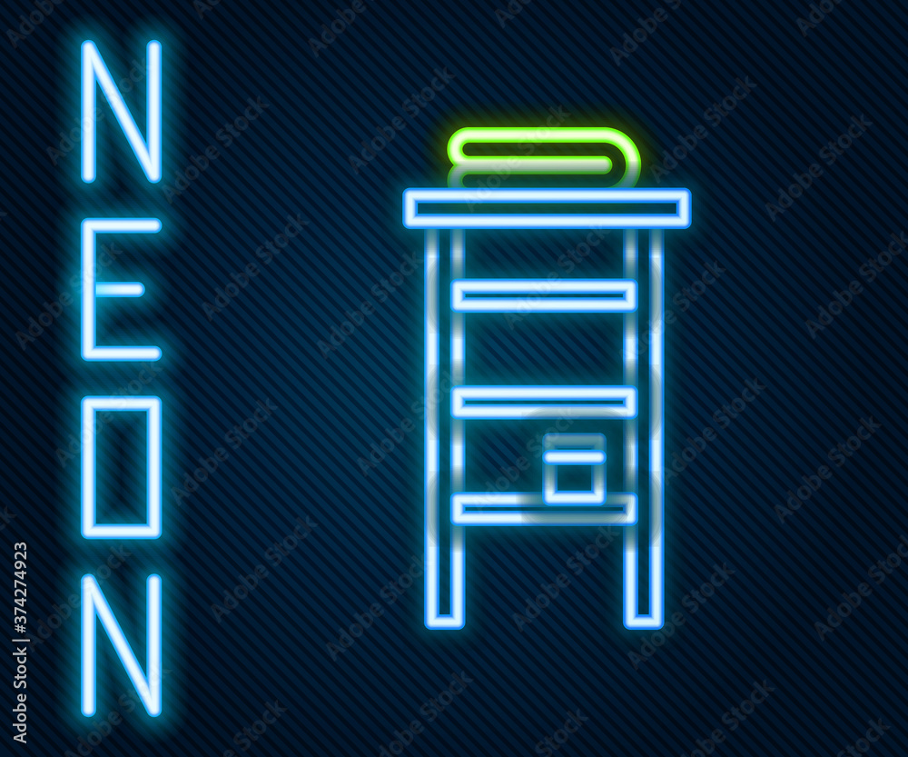 Glowing neon line Bathroom rack with shelves for towels icon isolated on black background. Furniture