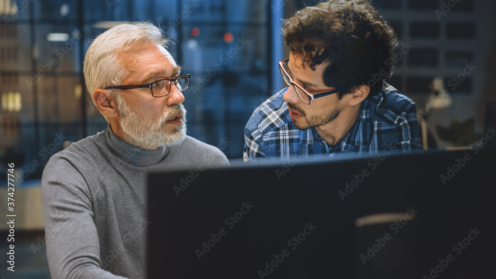 Chief Creative Designer Shows Desktop Computer Screen to a Young Developer, They Discuss Project. Tw