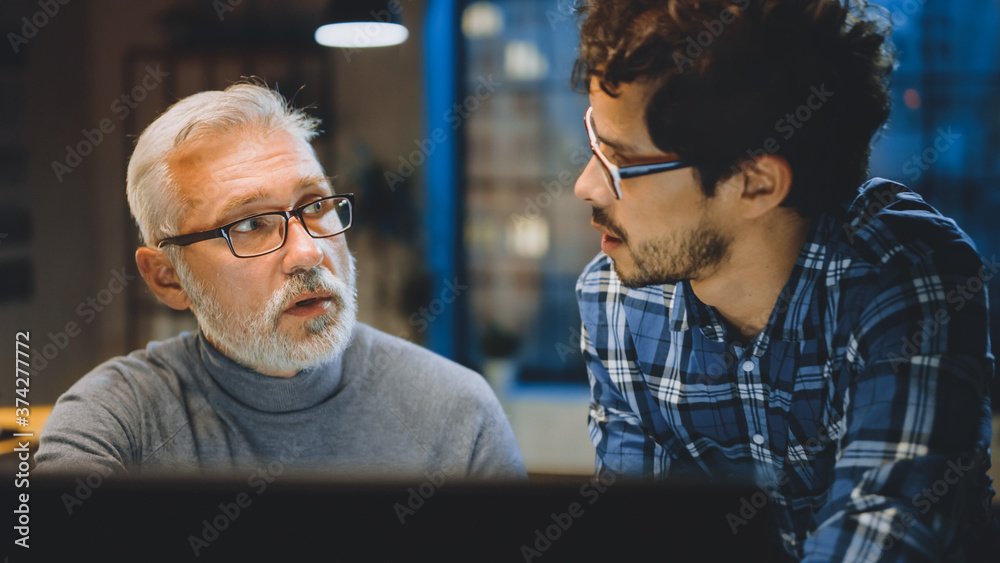 Chief Creative Designer Shows Desktop Computer Screen to a Young Developer, They Discuss Project. Tw