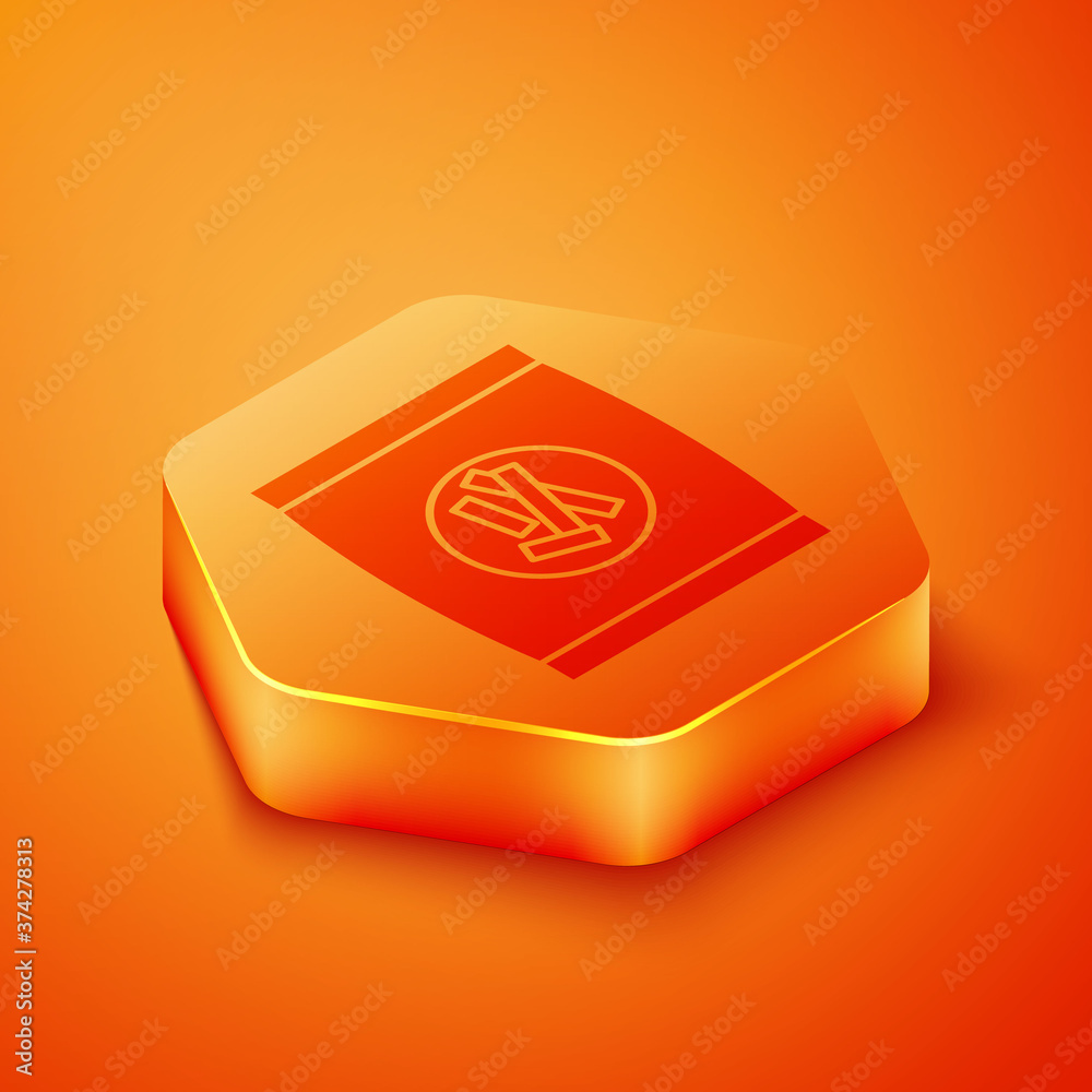 Isometric Hard bread chucks crackers icon isolated on orange background. Orange hexagon button. Vect