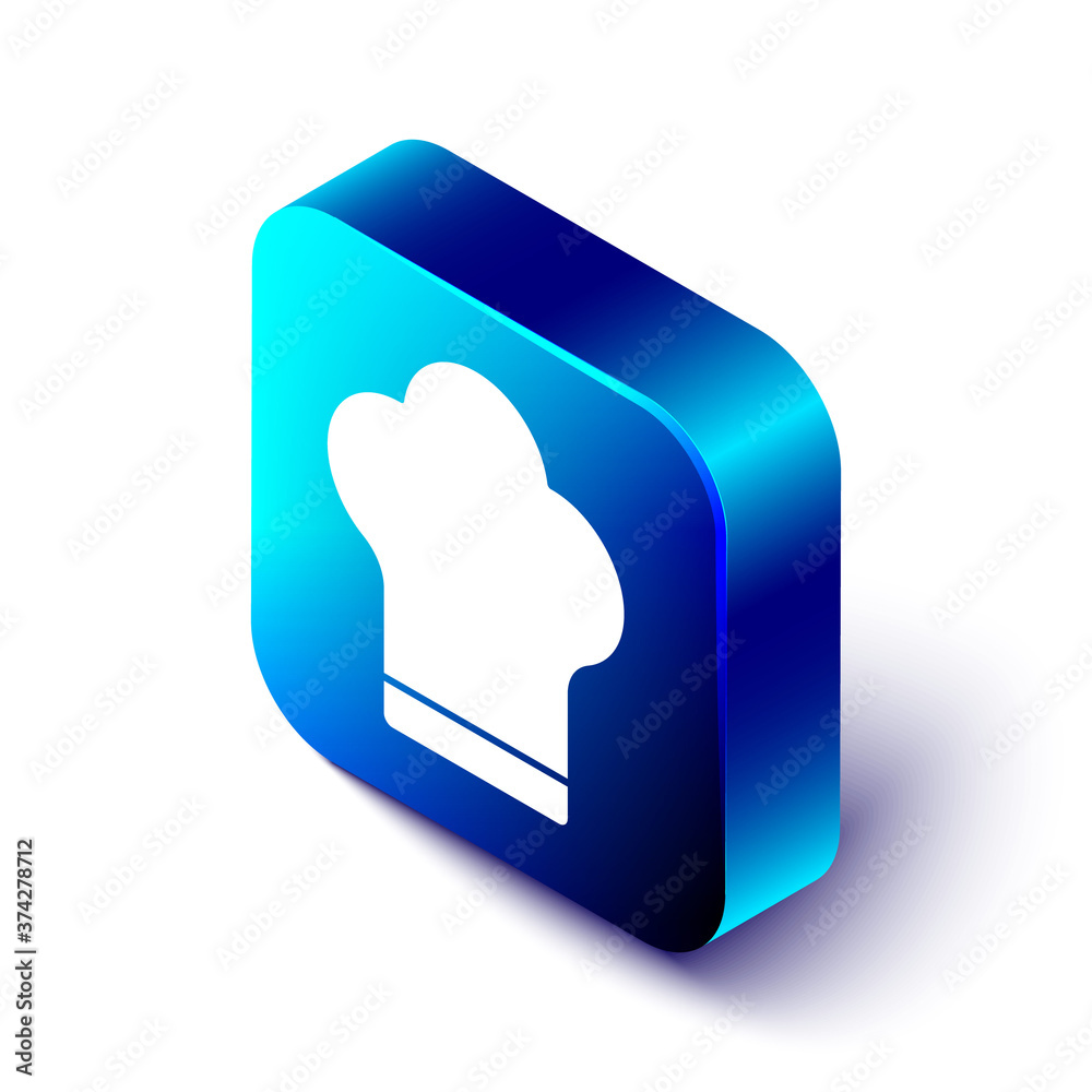 Isometric Chef hat icon isolated on white background. Cooking symbol. Cooks hat. Blue square button.