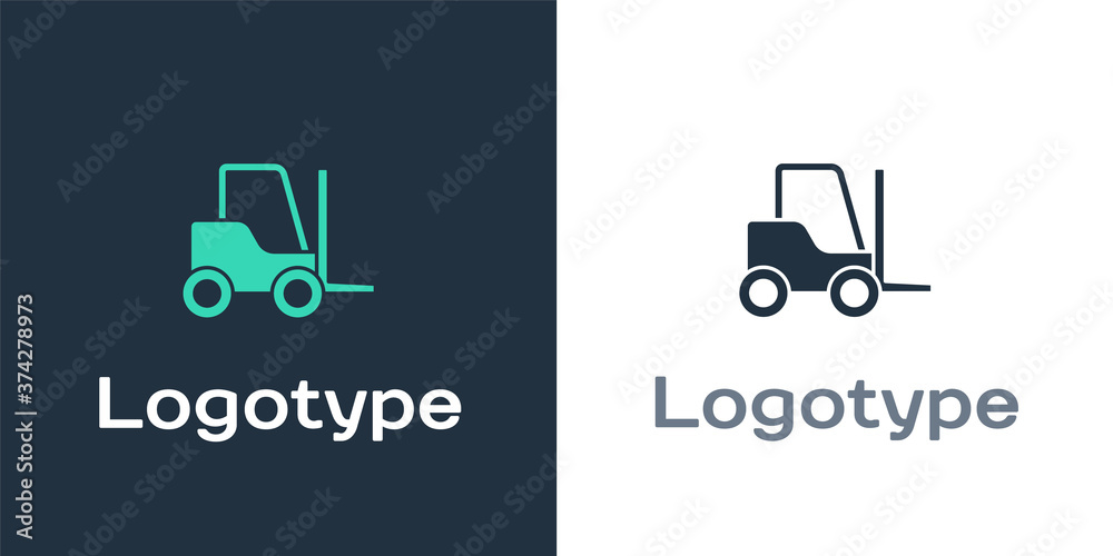 Logotype Forklift truck icon isolated on white background. Fork loader and cardboard box. Cargo deli