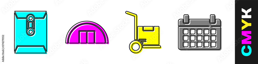 设置信封、仓库、手推车和盒子以及日历图标。矢量。
