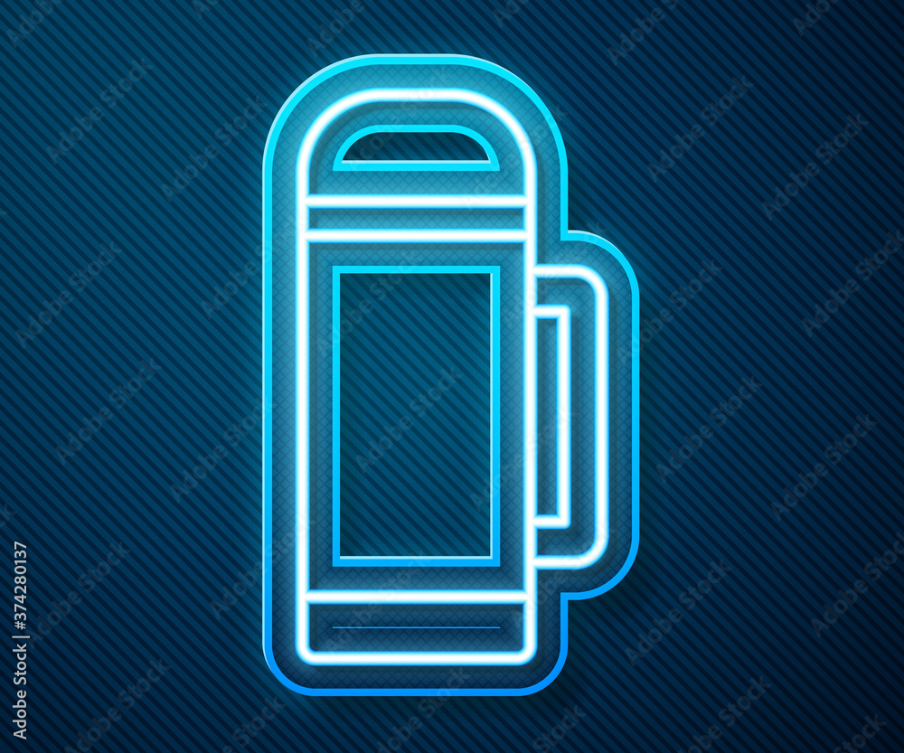 Glowing neon line Thermos container icon isolated on blue background. Thermo flask icon. Camping and