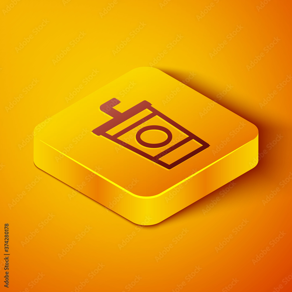 Isometric line Paper glass with drinking straw and water icon isolated on orange background. Soda dr