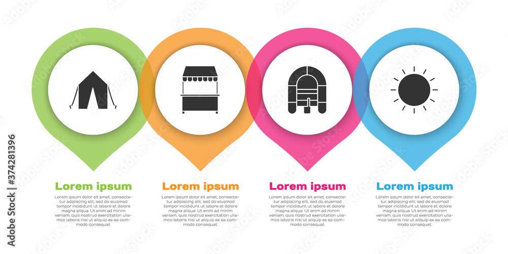 设置旅游帐篷、带遮阳篷的街头摊位、漂流船和太阳。商业信息图模板。Vec