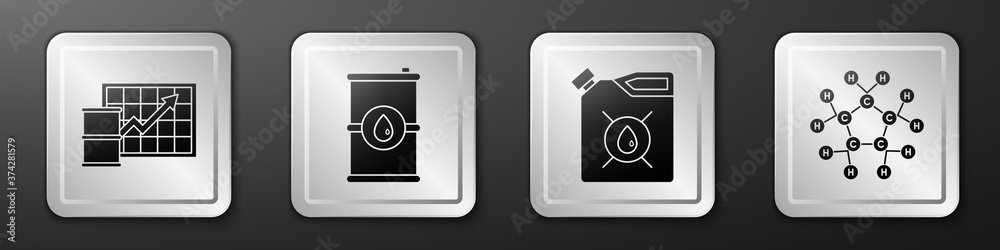 Set Oil price increase，Barrel Oil，Canister for motor machine Oil and Molecule Oil icon.Silver squ（设定