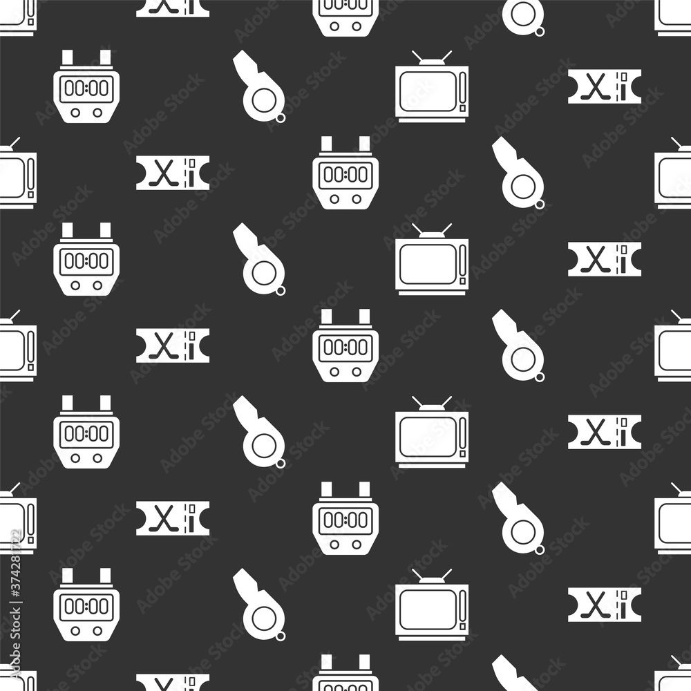 Set Retro tv, Hockey sports ticket, Stopwatch and Whistle on seamless pattern. Vector.