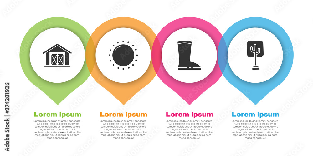 设置农舍、太阳、防水橡胶靴和树。商业信息图模板。矢量。